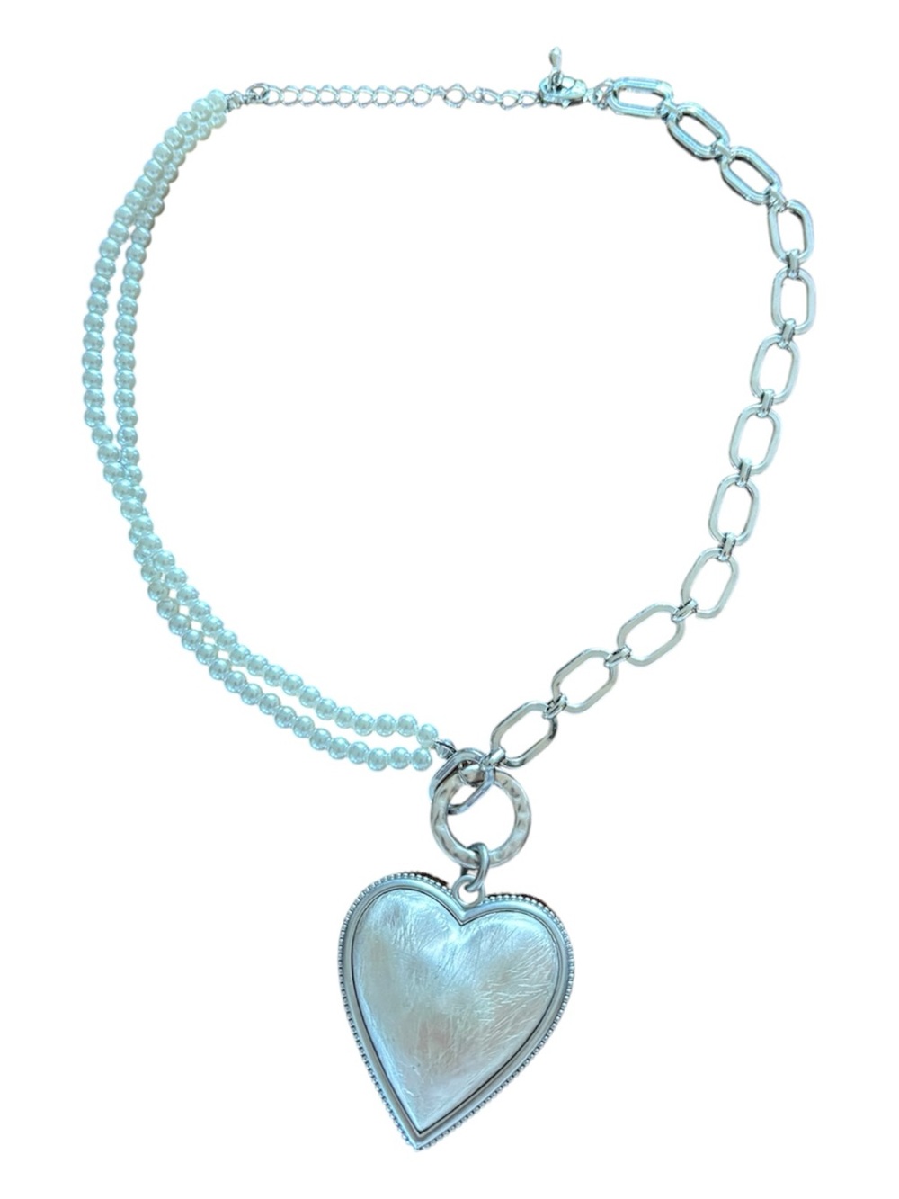 Silver Heart Pendant Necklace with Pearl Strand